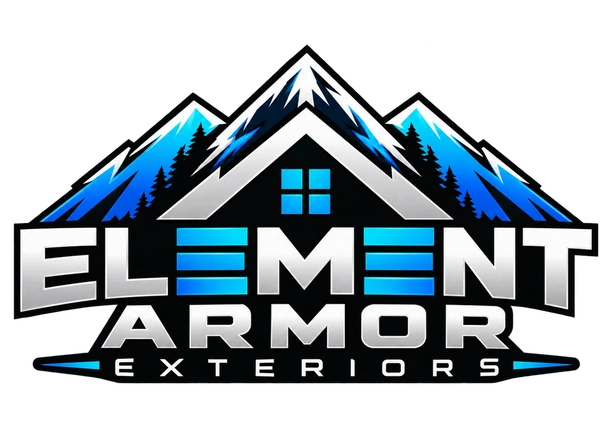 Element Armor Exteriors approved mountain, roof and wordmark logo.